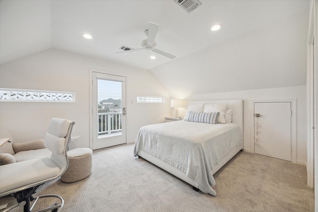 bedroom featuring lofted ceiling, light colored carpet, visible vents, and access to exterior