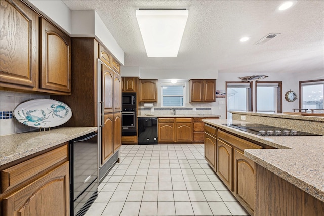 kitchen featuring black appliances, plenty of natural light, visible vents, and a sink