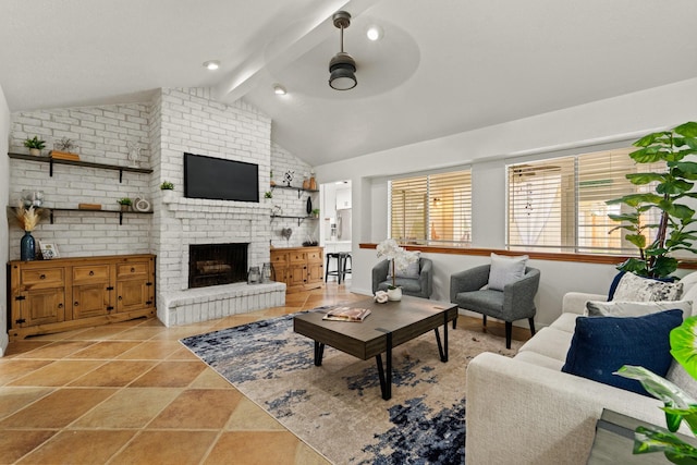 tiled living room featuring ceiling fan, vaulted ceiling with beams, and a fireplace