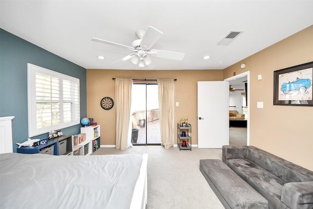 bedroom with visible vents, baseboards, ceiling fan, access to exterior, and carpet flooring