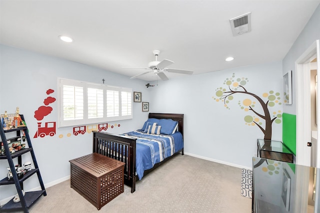 bedroom featuring baseboards, visible vents, carpet flooring, and recessed lighting