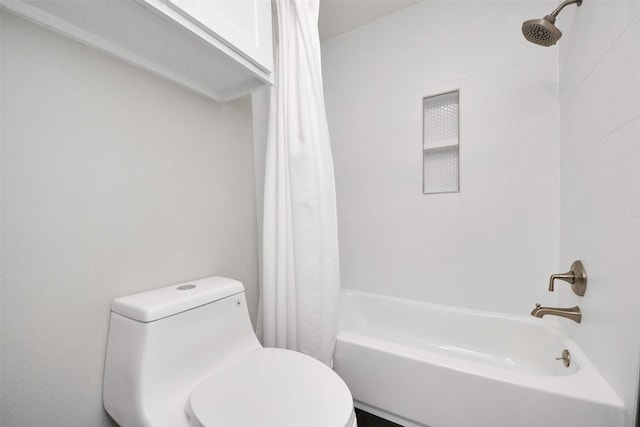 bathroom with toilet and shower / bath combination with curtain