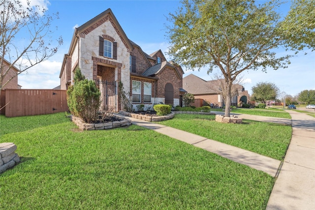 view of front of property with stone siding, a front yard, fence, and brick siding