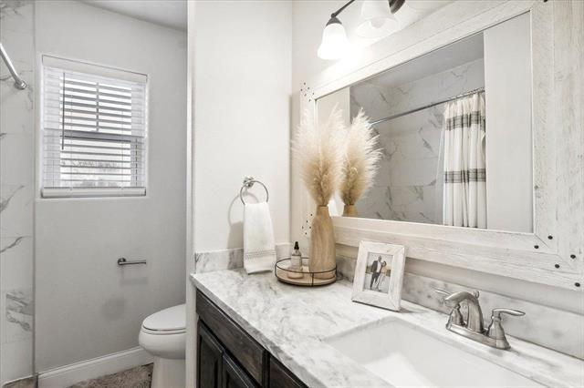 bathroom with toilet, vanity, and curtained shower