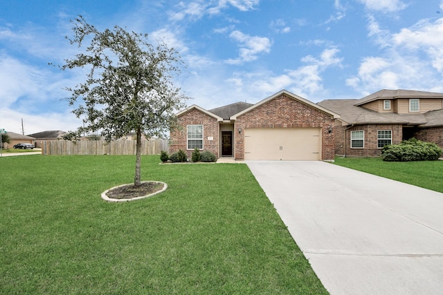 ranch-style house with brick siding, concrete driveway, a front yard, fence, and a garage