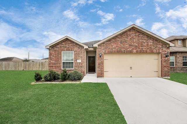 single story home featuring a garage, brick siding, fence, concrete driveway, and a front lawn