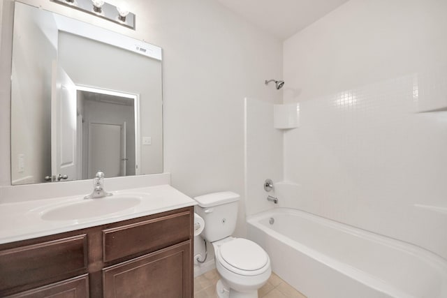 full bath with visible vents, toilet, vanity,  shower combination, and tile patterned flooring