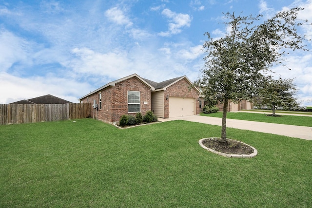 ranch-style home with a garage, concrete driveway, fence, a front lawn, and brick siding