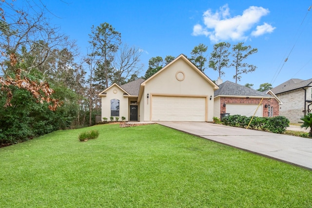 ranch-style house with stucco siding, a shingled roof, a garage, driveway, and a front lawn