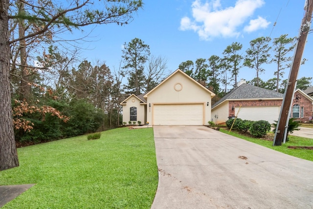 ranch-style home with an attached garage, a front lawn, concrete driveway, and stucco siding