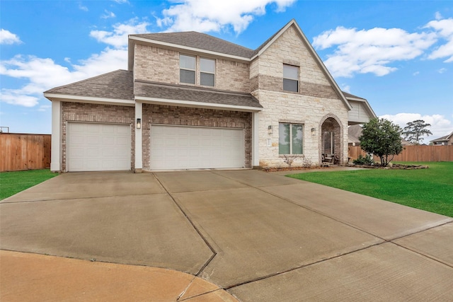 view of front of property with a garage and a front lawn