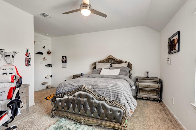 bedroom with carpet, vaulted ceiling, and ceiling fan