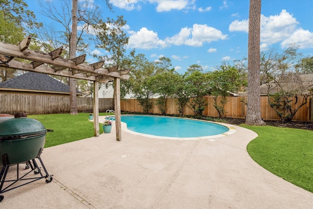 view of pool featuring a patio, grilling area, a pergola, and a lawn