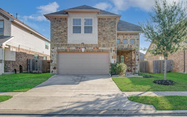 view of property with a garage and a front yard