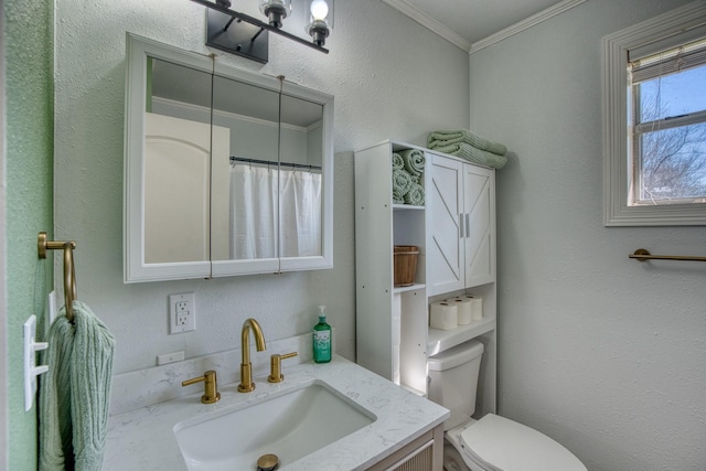 bathroom featuring ornamental molding, vanity, and toilet