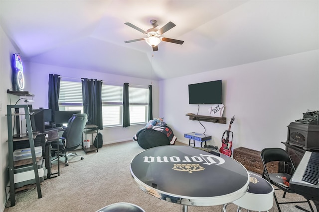 playroom with vaulted ceiling, baseboards, carpet, and a ceiling fan