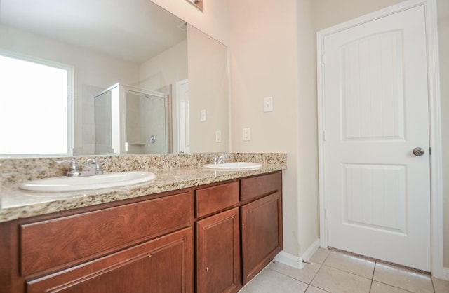 bathroom with vanity, tile patterned flooring, and an enclosed shower