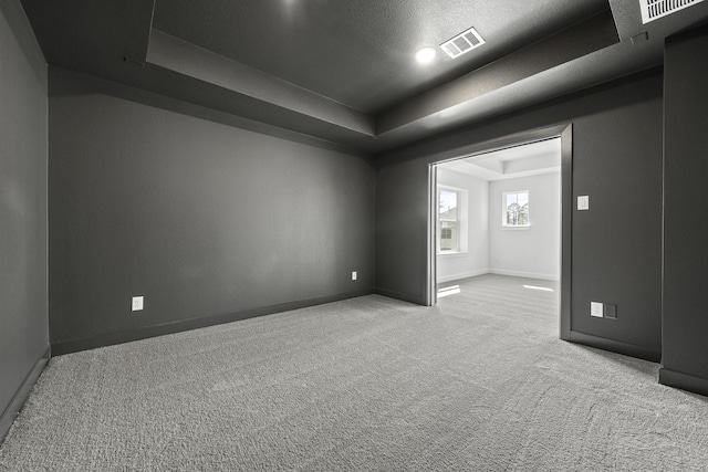 carpeted empty room with a raised ceiling