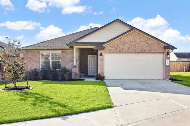 view of front of property with a garage, concrete driveway, brick siding, and a front lawn