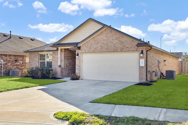 ranch-style house with driveway, central AC unit, a front lawn, and brick siding