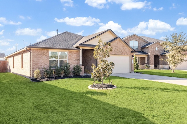 view of front facade featuring a garage, concrete driveway, roof with shingles, a front lawn, and brick siding