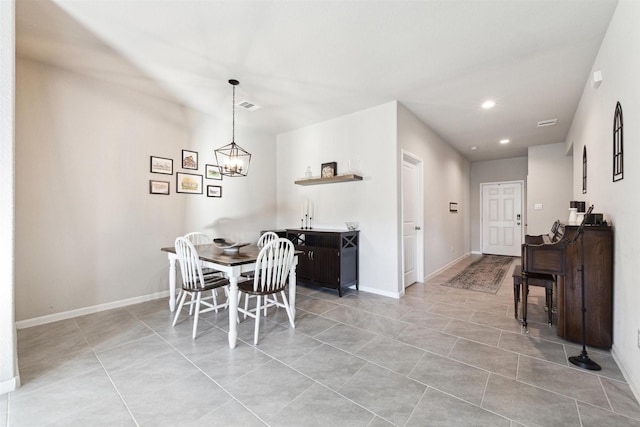 dining area featuring an inviting chandelier, baseboards, visible vents, and recessed lighting