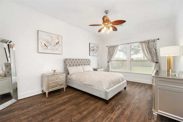 bedroom featuring ceiling fan, lofted ceiling, crown molding, and dark hardwood / wood-style floors