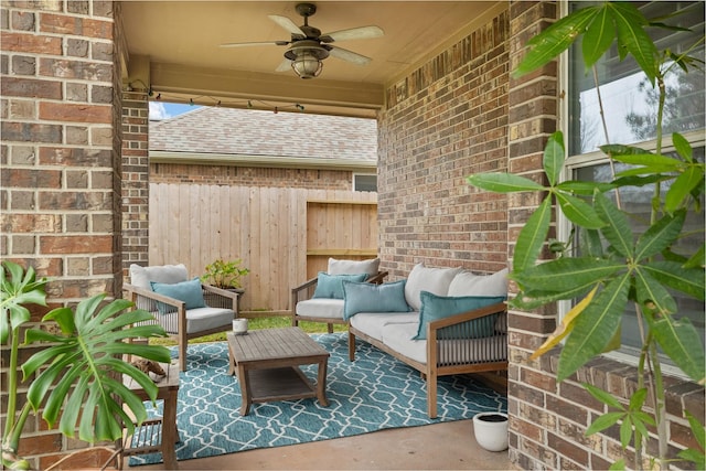 view of patio / terrace with ceiling fan and an outdoor hangout area