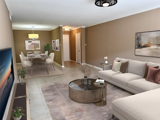 living room featuring baseboards, tile patterned flooring, and crown molding