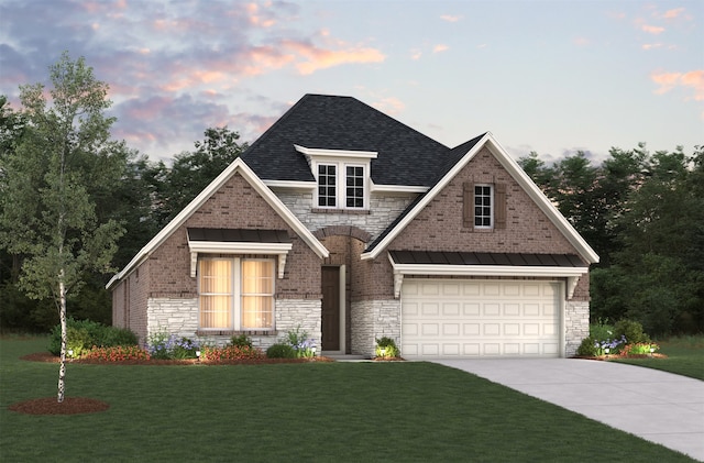 view of front of property featuring metal roof, a shingled roof, driveway, a lawn, and a standing seam roof