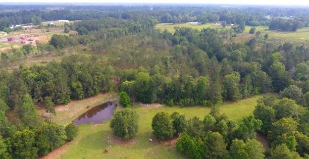 aerial view featuring a water view and a wooded view