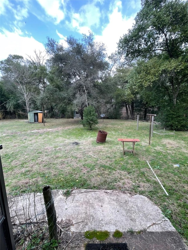 view of yard with an outbuilding and a shed