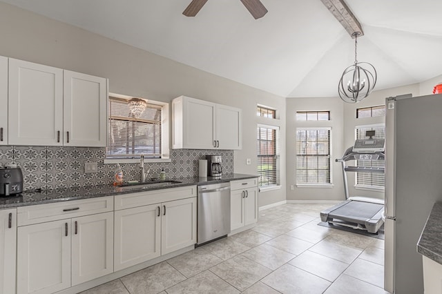 kitchen with hanging light fixtures, sink, backsplash, appliances with stainless steel finishes, and white cabinets