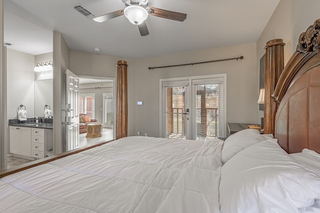 bedroom with ensuite bathroom, french doors, ceiling fan, and access to exterior