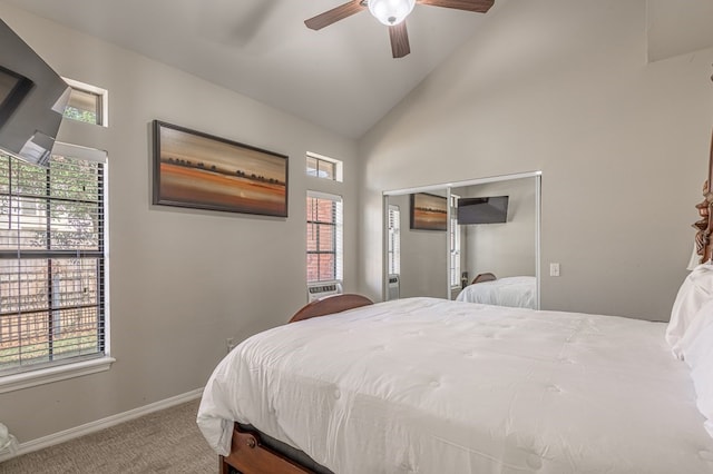 bedroom featuring carpet, high vaulted ceiling, and ceiling fan