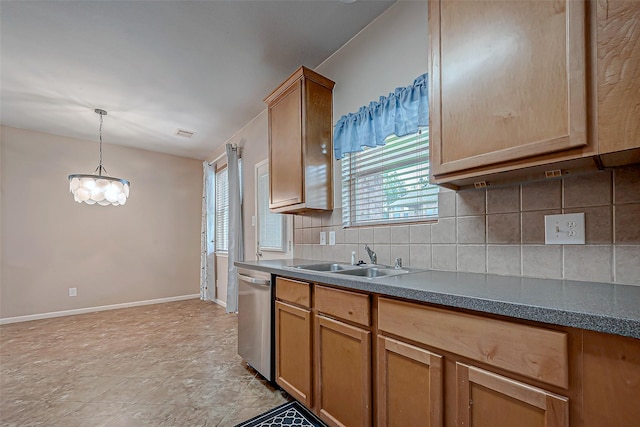 kitchen with sink, backsplash, stainless steel dishwasher, and pendant lighting