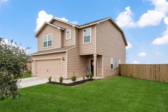 view of front facade featuring a garage, fence, concrete driveway, and a front yard