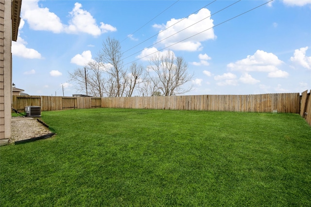 view of yard with cooling unit and a fenced backyard