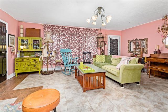 living room with a chandelier