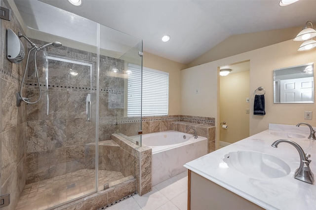 bathroom featuring tile patterned floors, vanity, vaulted ceiling, and shower with separate bathtub