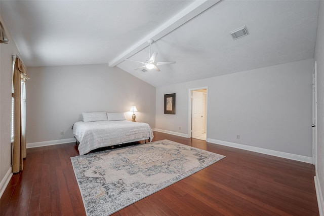 bedroom featuring vaulted ceiling with beams, dark hardwood / wood-style floors, and ceiling fan