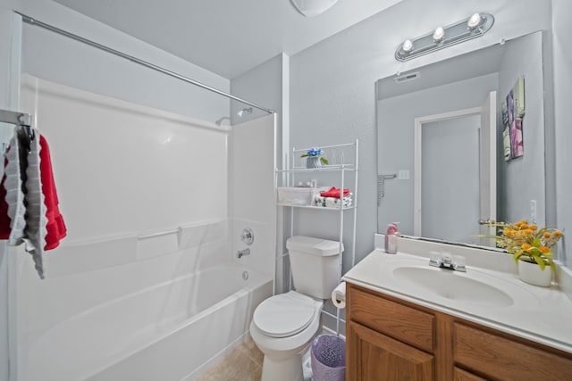 full bathroom with toilet, shower / bath combination, tile patterned flooring, and vanity