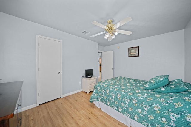 bedroom featuring ceiling fan and light hardwood / wood-style flooring