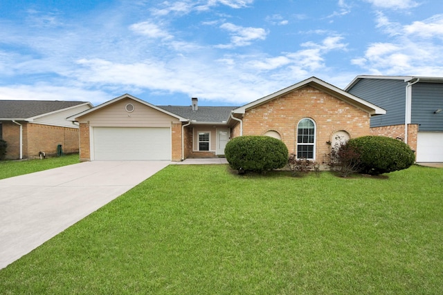 ranch-style home with a front lawn and a garage