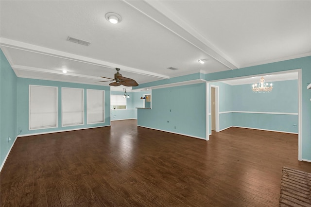 unfurnished living room with dark wood-type flooring, beamed ceiling, and ceiling fan with notable chandelier