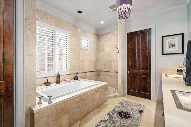 bathroom with plus walk in shower, crown molding, tile walls, and vanity