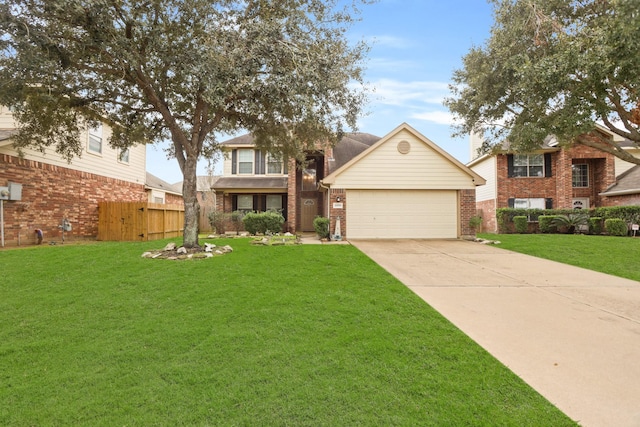 view of front of house featuring driveway, a garage, a front lawn, and brick siding