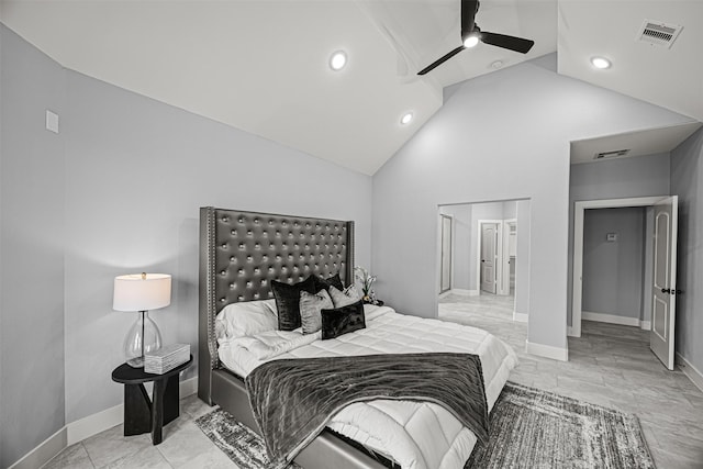 bedroom with ceiling fan and lofted ceiling