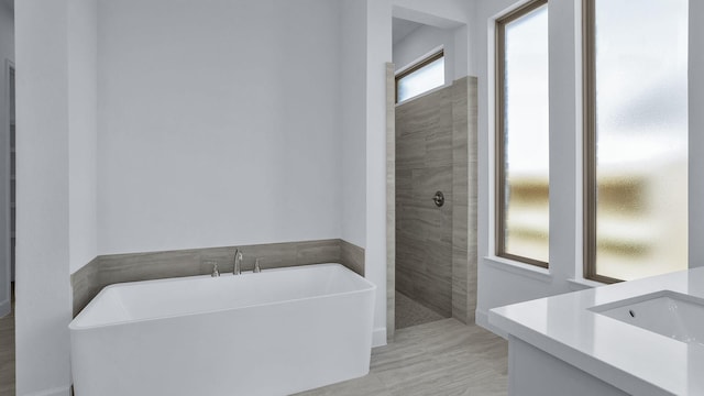 21219 Palm Arbor Dr, Cypress, TX 77433 - full bath with a freestanding bath, a walk in shower, and vanity