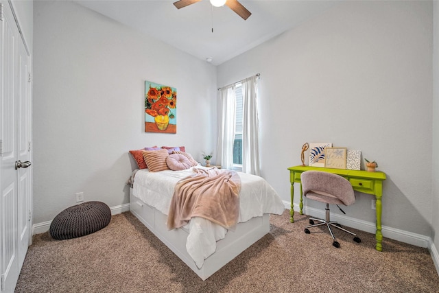 bedroom with light carpet and ceiling fan